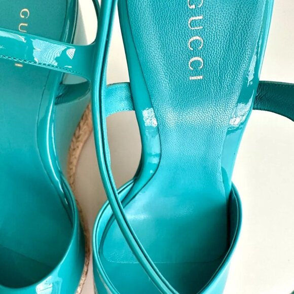 GUCCI Turquoise Patent Leather Espadrille Cork Wedge Sandals Size 38.5 US 8.5 - Picture 6 of 12